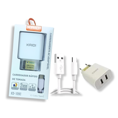 CARREGADOR TIPO-C 2.4A 2 USB KD-109C KAIDI