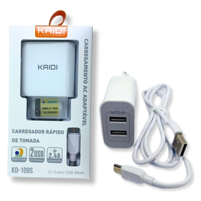 CARREGADOR V8 2.4A 2 USB KD-109S KAIDI