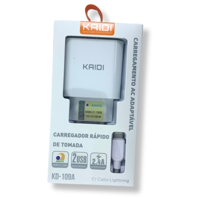 CARREGADOR IPHONE 2.4A 2 USB KD-109A KAIDI