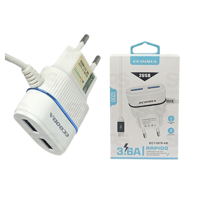 CARREGADOR V8 3.6A 2 USB EC11079-V8 ECOODA