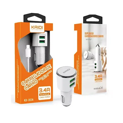 CARREGADOR IPHONE VEICULAR 2 USB 3.4A KD-303A KAIDI