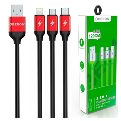 CABO USB 3 EM 1 IPHONE/TIPO-C/V8 1.2M 4.8A OR-CO06 OBERON