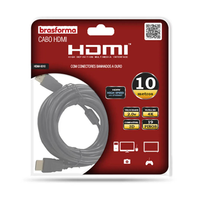 CABO HDMI 10M 2.0 4K 3D 1080P 19+1 PINOS HDMI-5010 BRASFORMA