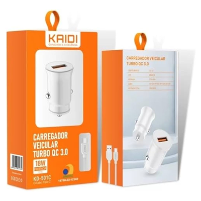 CARREGADOR TIPO-C VEICULAR TURBO QC 3.0 18W KD-501C KAIDI