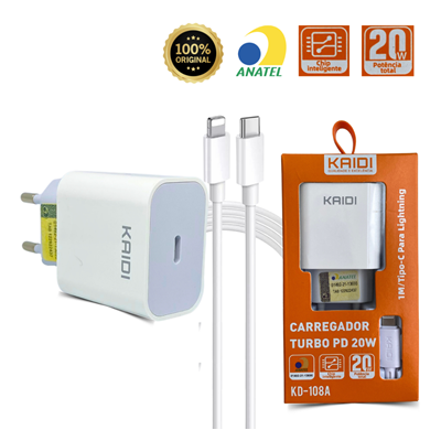 CARREGADOR TIPO-C PARA IPHONE TURBO PD 20W 1M KD-108A BRANCO KAIDI#