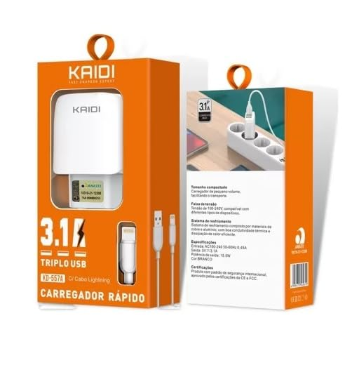 CARREGADOR IPHONE 3.1A 15.5W TRIPLO USB KD-557A KAIDI