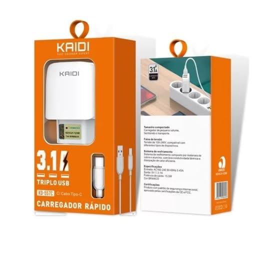 CARREGADOR TIPO C 3.1A 15.5W TRIPLO USB KD-557C KAIDI