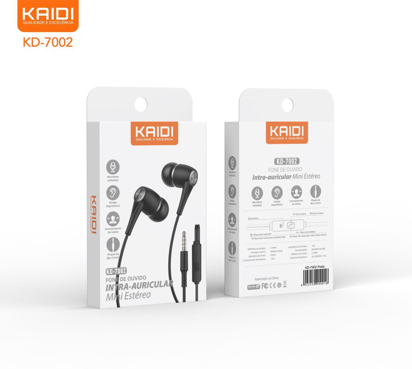 FONE DE OUVIDO COM FIO INTRA-AURICULAR KD-7002 KAIDI