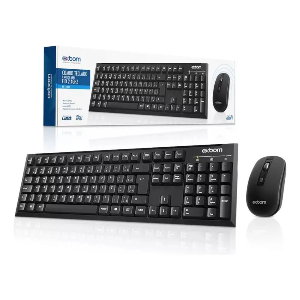 TECLADO E MOUSE SEM FIO COMBO PRETO BK-S1000K EXBOM 2.4GHZ