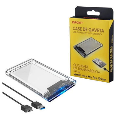 CASE DE GAVETA USB 3.0 PARA HD 2.5" SATA III TRANSPARENTE ECASE-300 INFOKIT