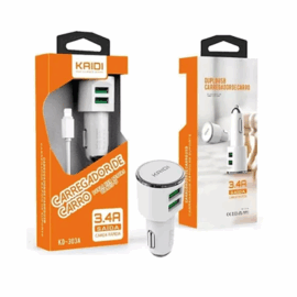 CARREGADOR IPHONE VEICULAR 2 USB 3.4A KD-303A KAIDI