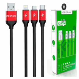 CABO USB 3 EM 1 IPHONE/TIPO-C/V8 1.2M 4.8A OR-CO06 OBERON